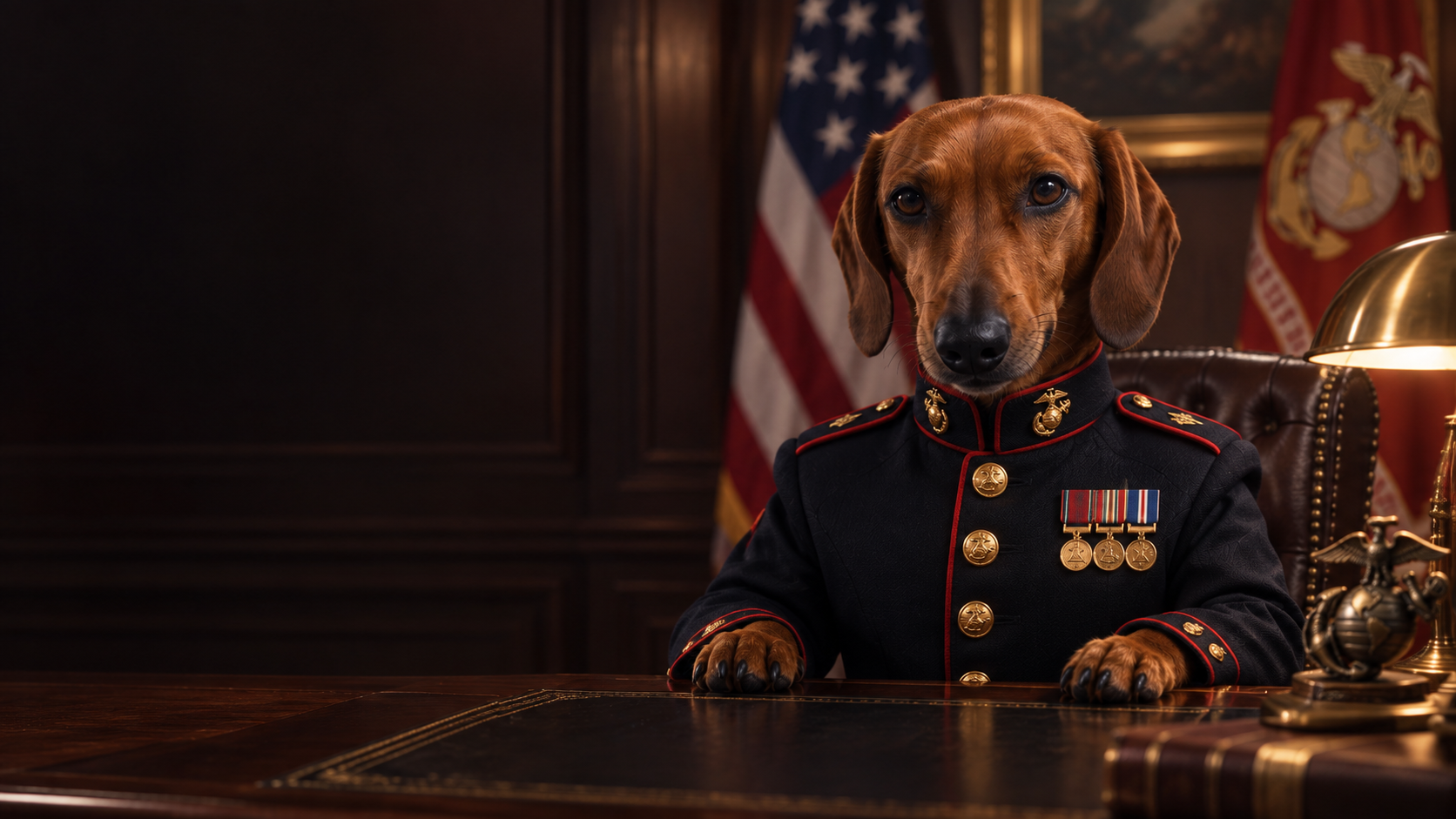 General Ruben, a dachshund general in his study.